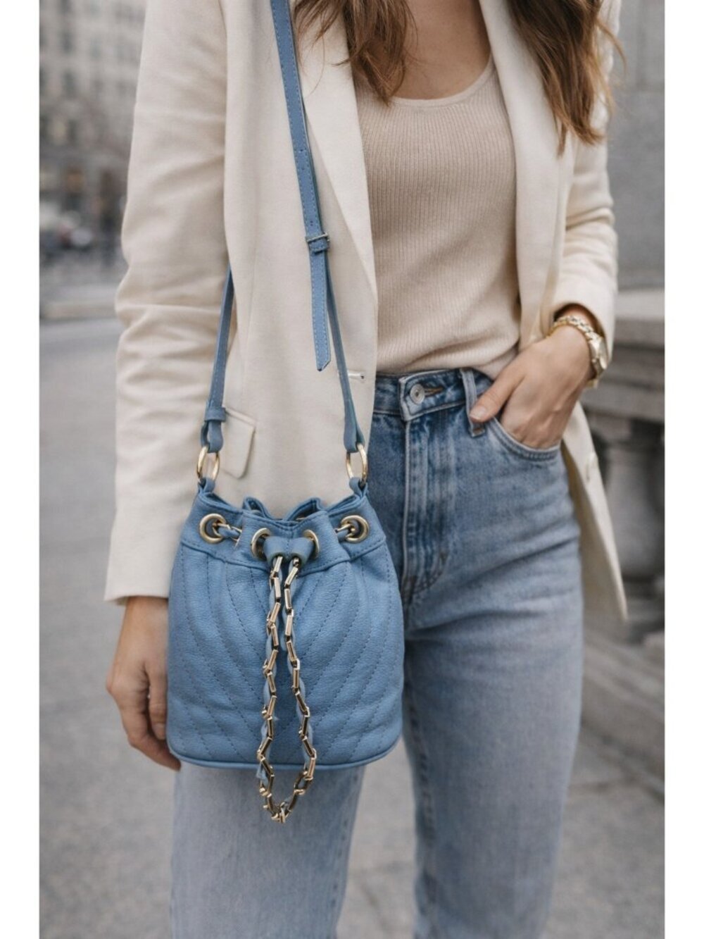 Free People Blue Faux Leather Mini Bucket Bag Gold Chain Drawstring Crossbody - Picture 1 of 14